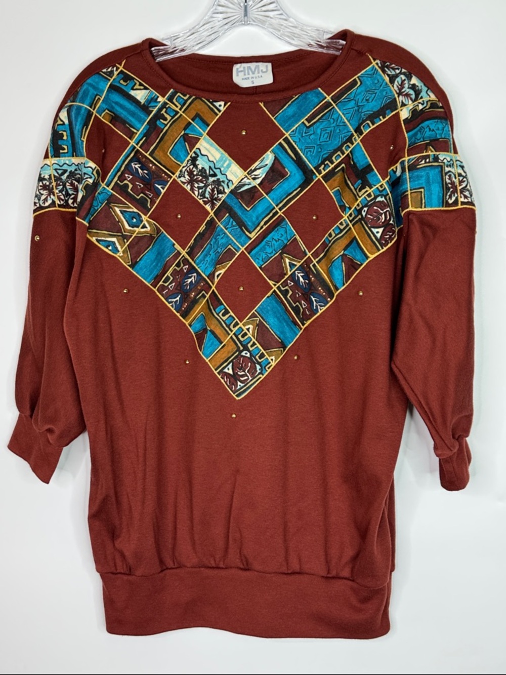 Vintage HMJ Southwestern Geometric Graphic Brown Shirt Size Small USA